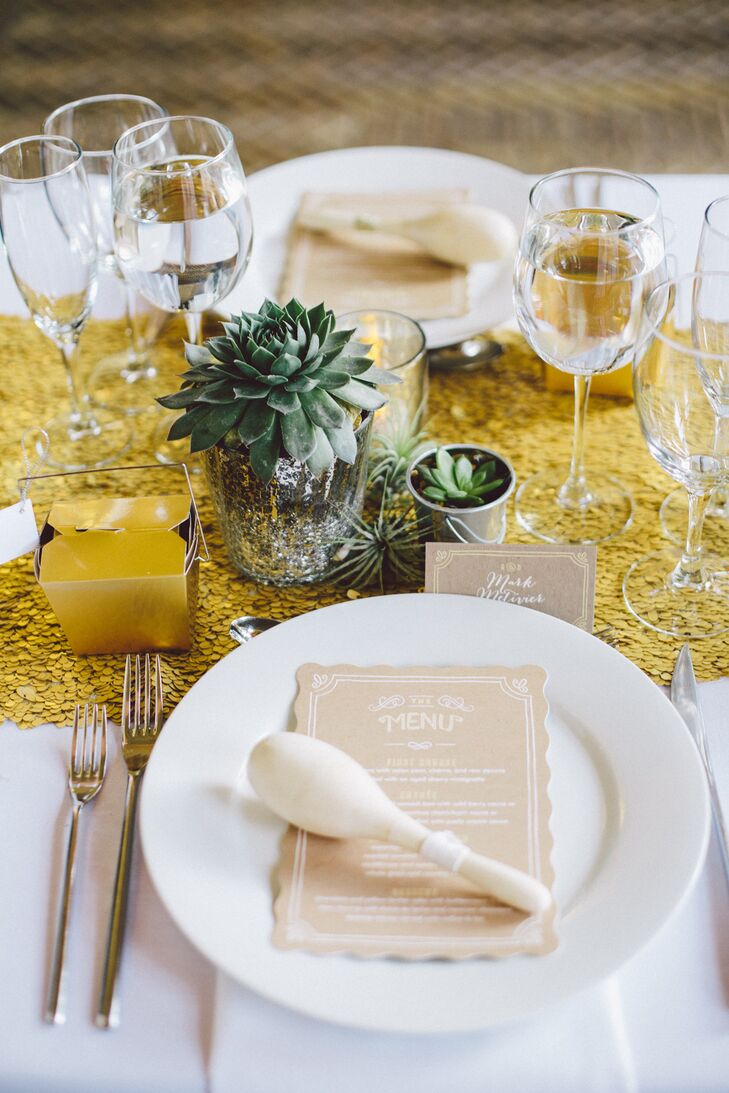 Small wooden maracas, a nod to the bride’s Mexican heritage, rested atop the menus at each place setting. “The maracas made for super fun party noisemakers and were used to insight speeches later in the night,” says Dana.
