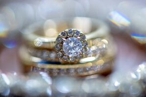Gold Halo Engagement Ring and Wedding Bands