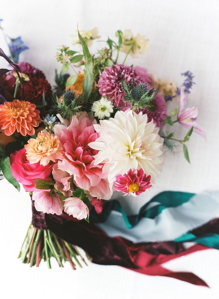 jewel-tone bouquet with ribbon