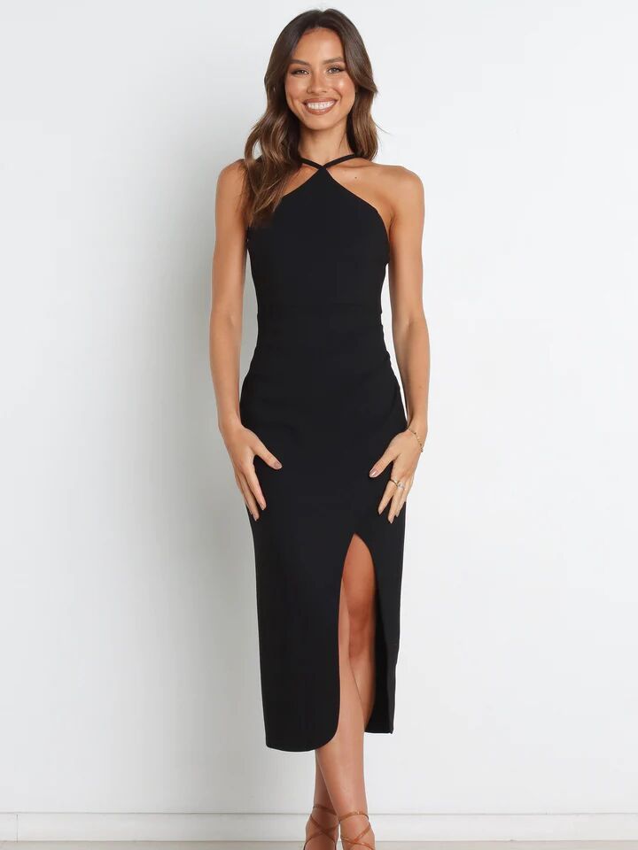 chic black midi wedding guest dress for formal and cocktail spring attire