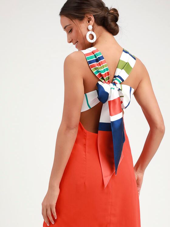 Red Orange Multi Stripe Tie-Back Mini Wedding Guest Dress