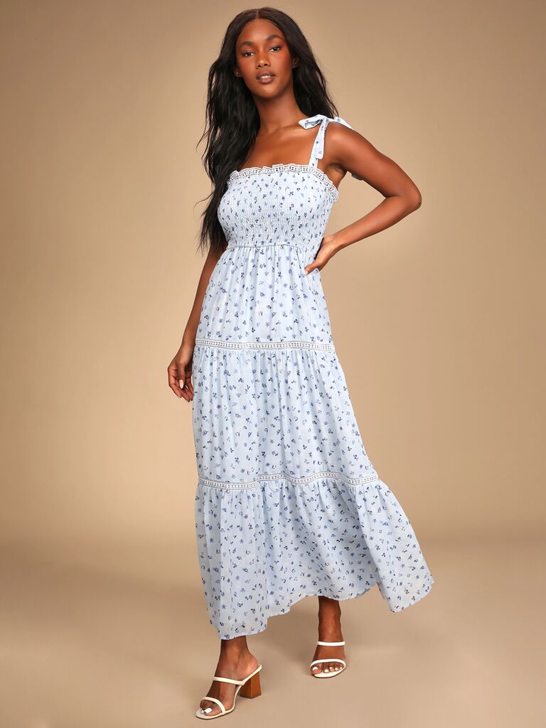 Lulus smocked blue and white floral wedding guest dress for a garden wedding