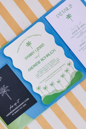 Colorful Mid-Century Modern, Fun Invitation Suite in Blue and Green