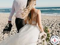 Bride and groom walking on beach on wedding day