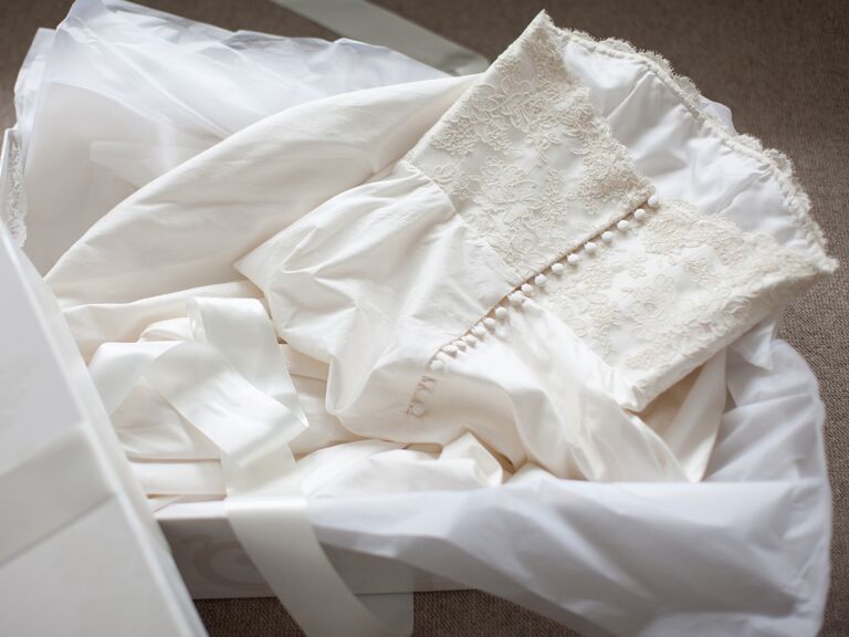 strapless wedding dress with antique buttons 