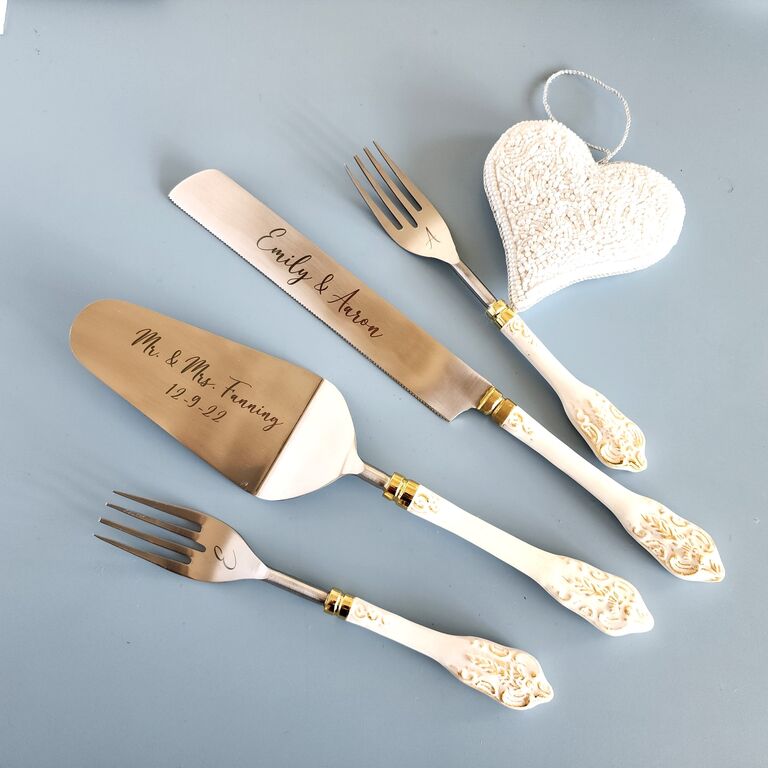 Custom engraved cake cutting set. 