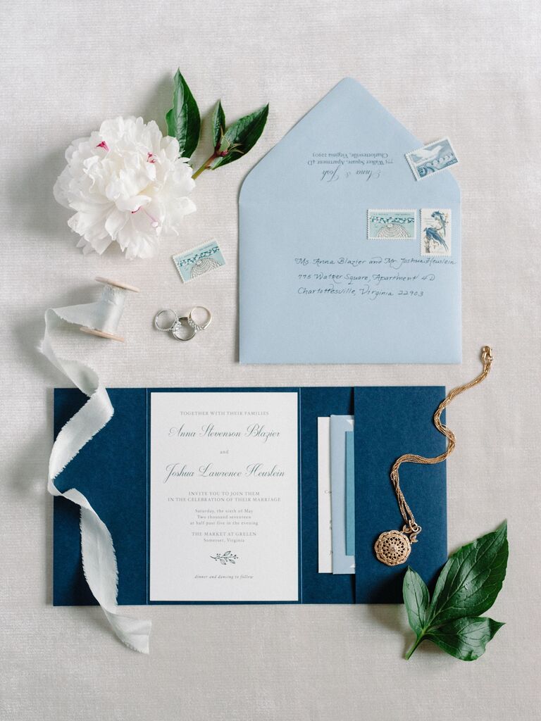 light blue and navy wedding invitations