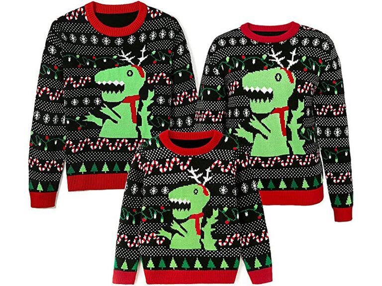 Funny dinosaur ugly couples Christmas sweaters