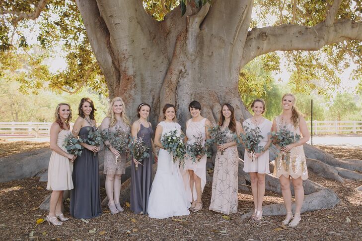 "I loved the idea of bridesmaids wearing their own style dress and picking something they would love outside of a wedding," Melanie says. "I gave them a general color palette and they decided from there. I couldn't be more happy with how that turned out."