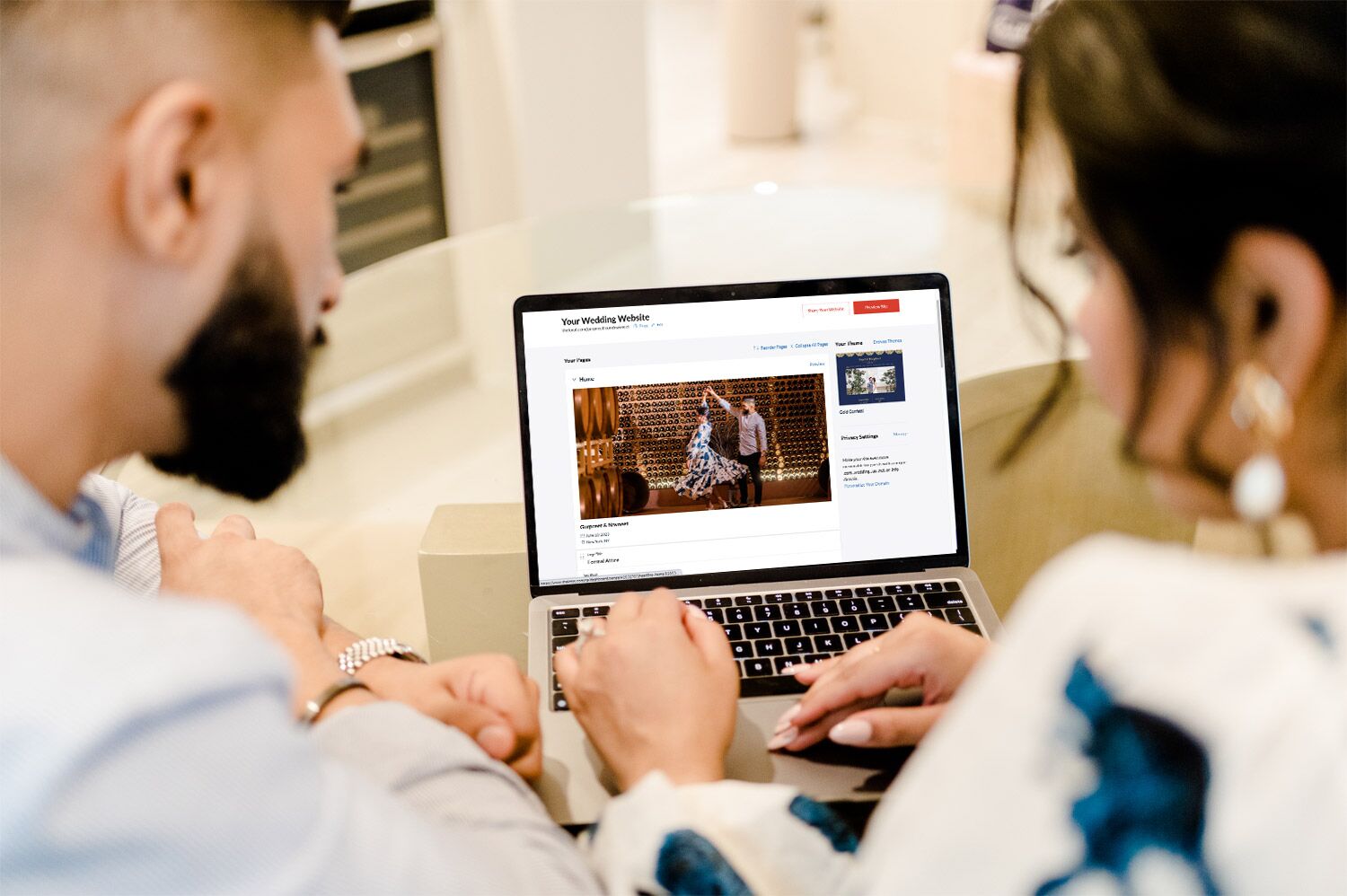 Couple putting drerss code on  wedding website