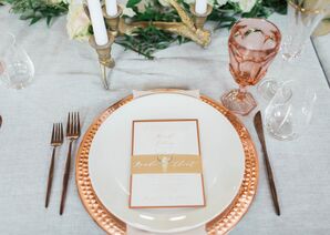 Place Setting with Copper Flatware and Charger and a Vintage Pink Goblet