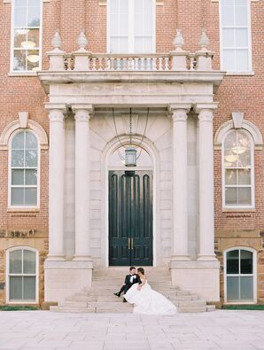 Bride and Groom on Building Steps at the University of Arkansas