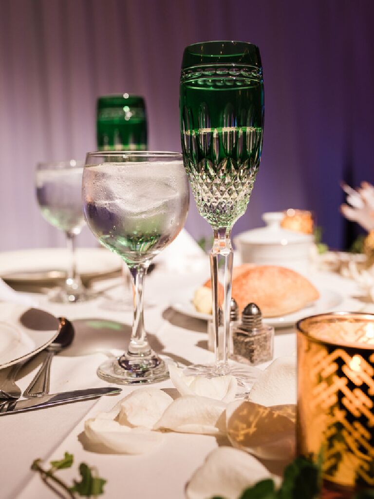 Emerald green ombre glassware at vintage wedding reception