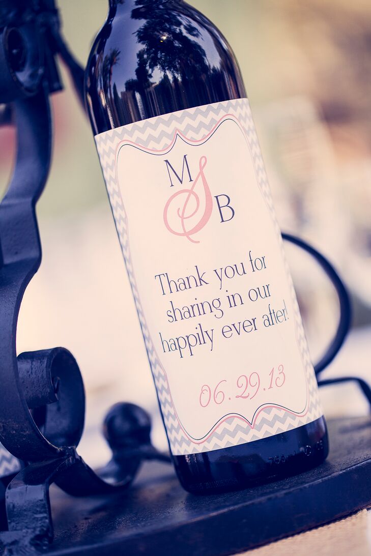 The bride and groom had a simple cocktail hour before their reception, featuring custom bottles of wine, a full bar and appetizers cheese, bread, crackers, and assorted dips.