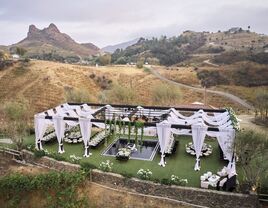Outdoor wedding reception at ranch in Malibu, California