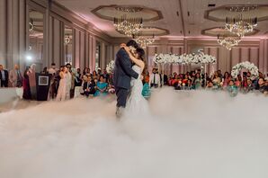 Bride in Trumpet Gown and Groom in Tuxedo Share First Dance on Smokey Dance Floor, Ballroom