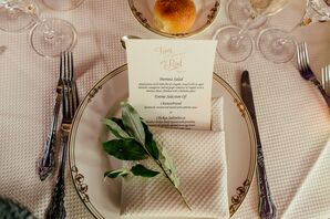 Glamorous Charger with Neutral Linen and Sprig of Greenery