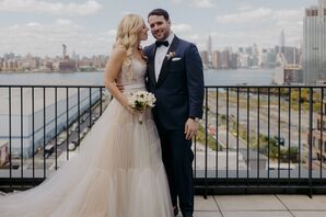 Bride in Off-White, Lace-and-Tulle Gown With Groom in Navy Tuxedo on Rooftop in New York