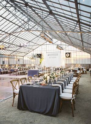 Greenhouse Reception with Long Tables and Grey Tablecloths