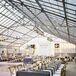 Greenhouse Reception with Long Tables and Grey Tablecloths