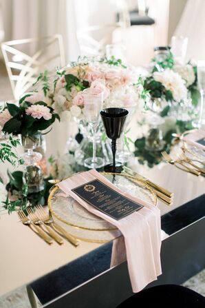 Blush-and-Black Place Settings at Luxurious Bel-Air Bay Club Wedding in California