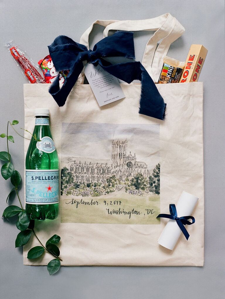 Wedding welcome bag with preppy design and favors