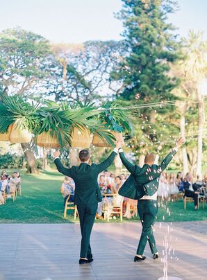 Grooms' Grand Entrance on Dance Floor Under Rattan Lights, Leaves With Sparklers