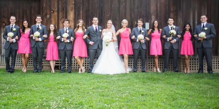 Bride and Groom with Pink and Gray Wedding Party