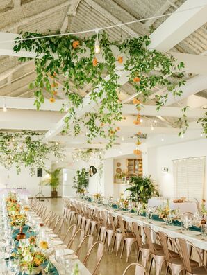 Reception With Hanging Greenery at Brooklyn Grange Farm in New York