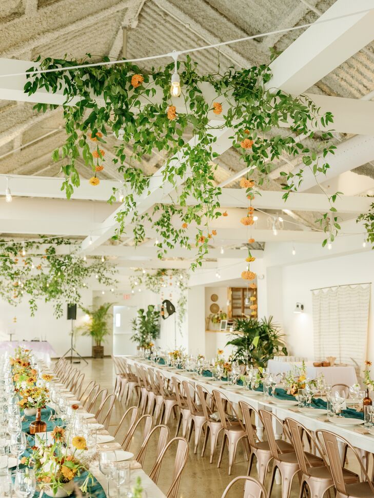 Reception With Hanging Greenery at Brooklyn Grange Farm in New York