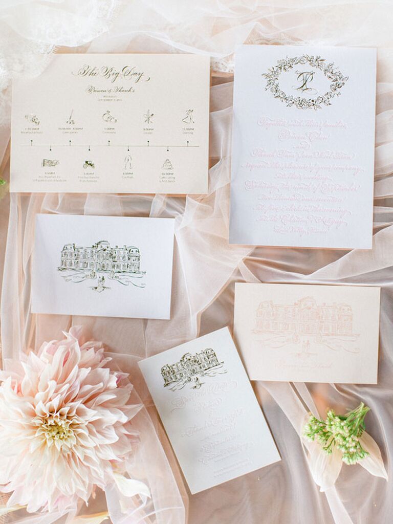 Elegant blush and white regencycore wedding invitations with calligraphy