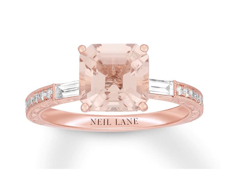 kay neil lane rose gold engagement ring with emerald cut morganite center stone claw prongs and baguette shaped side diamonds and round diamond and rose gold band