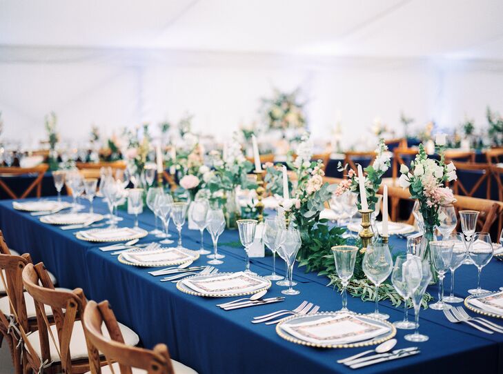 Navy Reception Tables and Wood Cross-Back Chairs