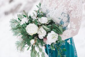 Wintry White Rose and Pine Bouquet