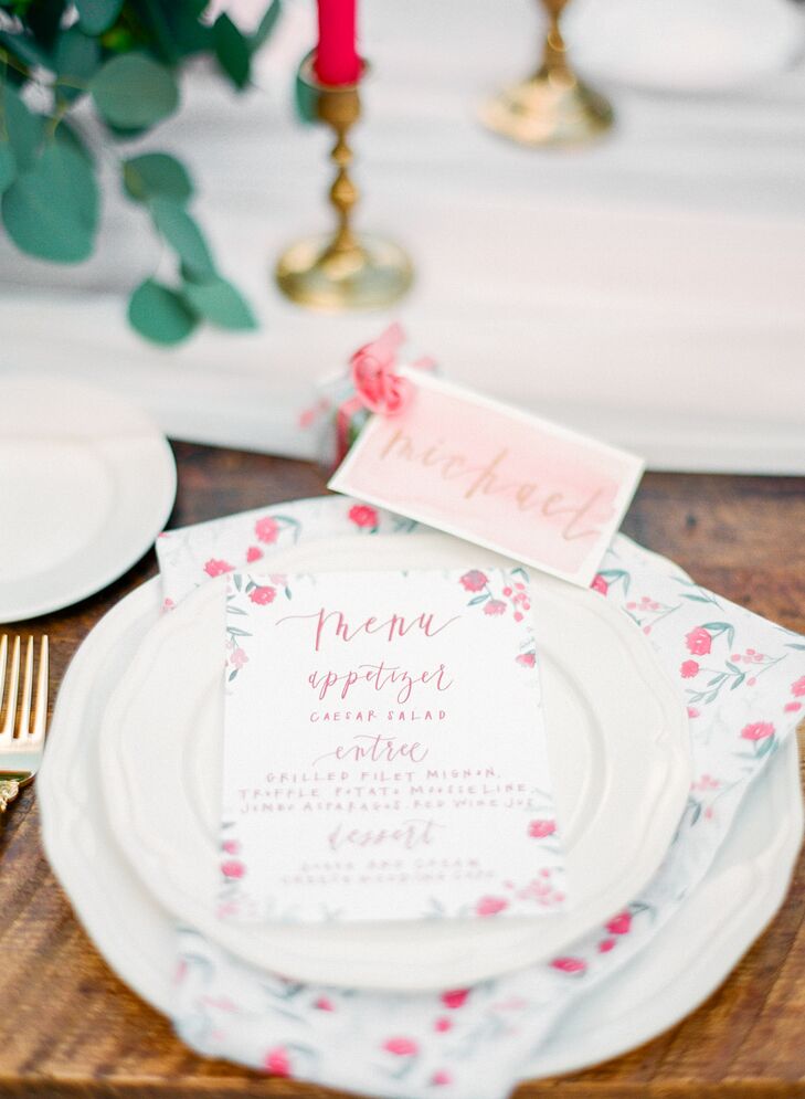 Simple White China with Red Floral Menu Cards