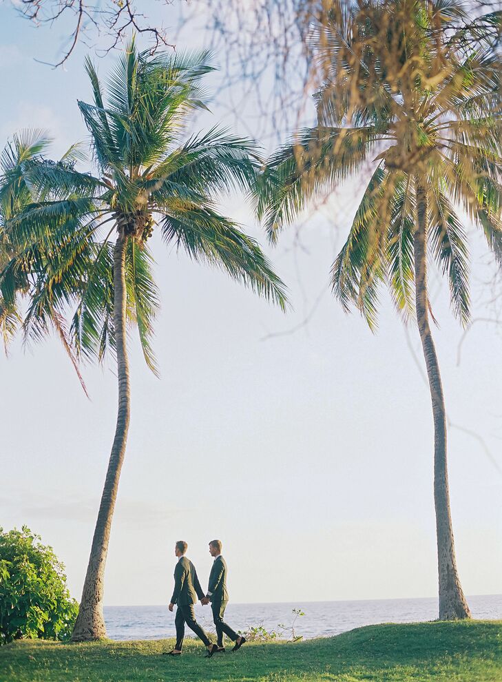 Grooms in Matching Green Suits Walking on Grass Beach Under Palm Trees on Maui