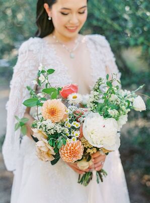 Wedding Bouquet With Ranunculus, Dahlias, Peonies and Chamomile