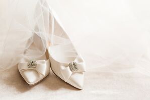 White Satin Kate Spade Shoes with Bows and Embellishment