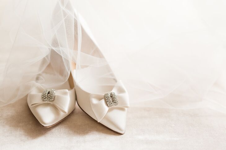 White Satin Kate Spade Shoes with Bows and Embellishment