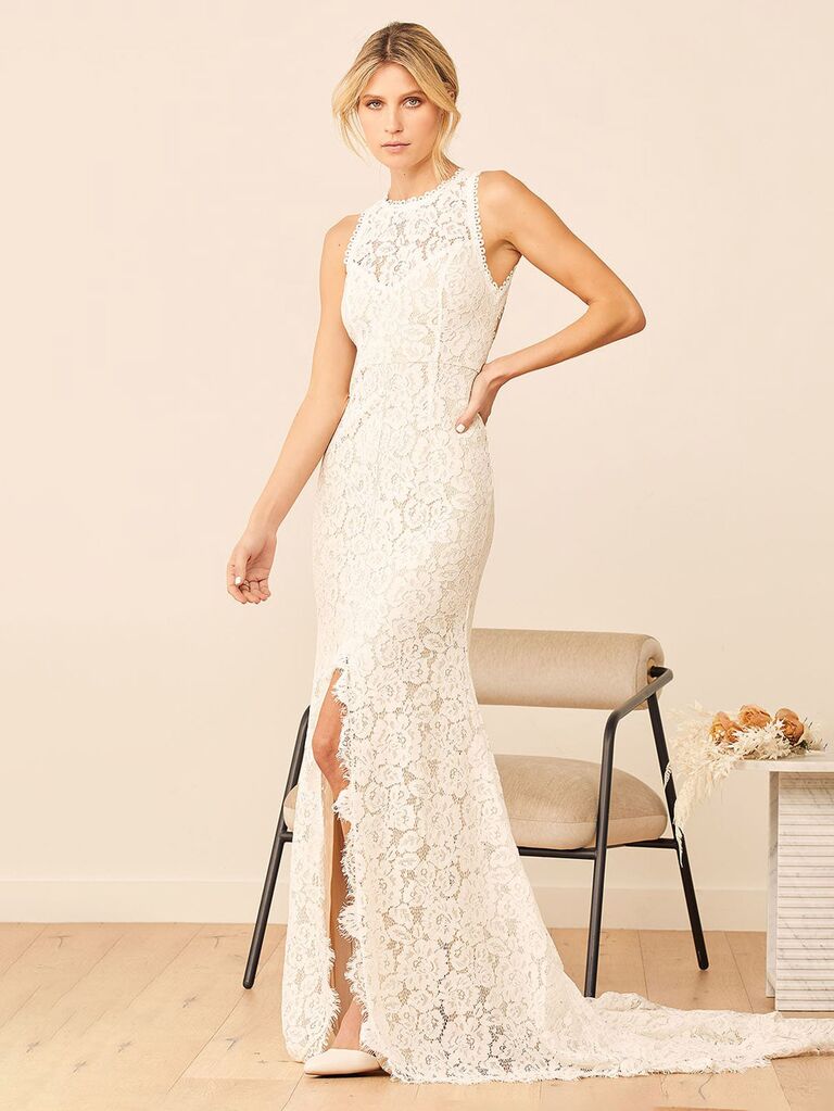 lulus white lace high neck wedding dress with allover lace flowy mermaid skirt and slit