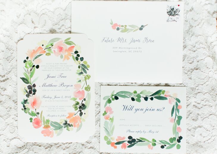Jamie and Matt decided to splurge a little bit on stationery. “We had inserts that fitted to the inside of the invites so that when you opened it you would see this pretty floral print,” the bride says. Also purchased were envelopes that matched the design of the floral printed invitations.