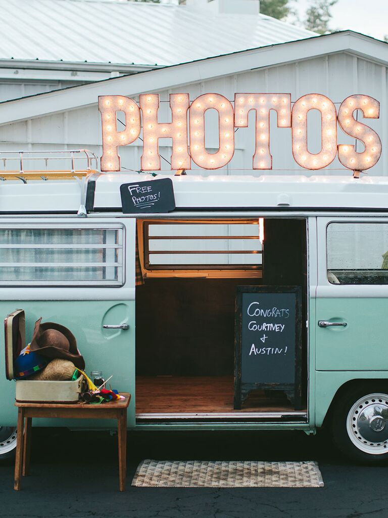 Vintage volkswagen photo booth at a rustic wedding