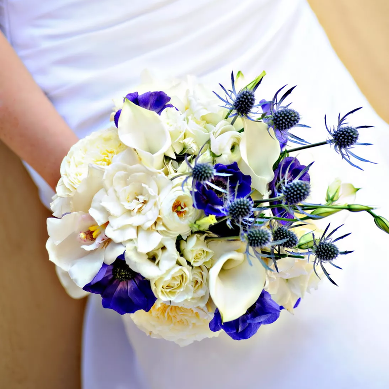 Gardenia wedding bouquet in blue and white