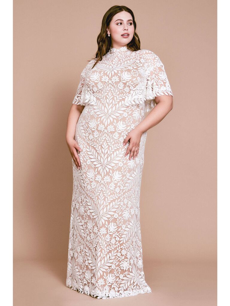 High neck plus-size nude wedding dress with white lace and capelet