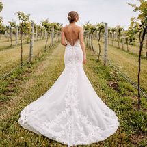Bride in illusion back fit n' flare dress, walking through a vineyard