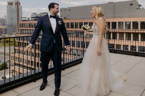 Bride and Groom Surprising Each Other at First Look, Rooftop, Navy Tuxedo and Lace Gown