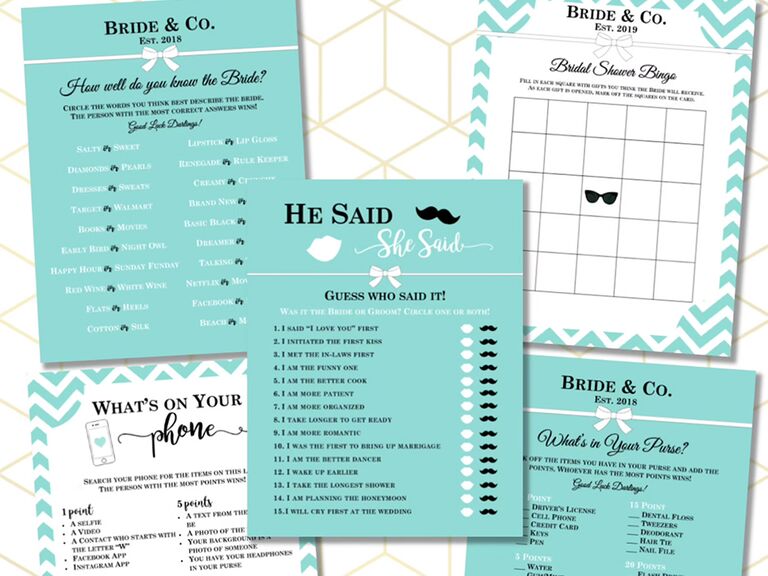 Tiffany blue printable games like 'He Said She Said,' 'What's on your phone' etc.