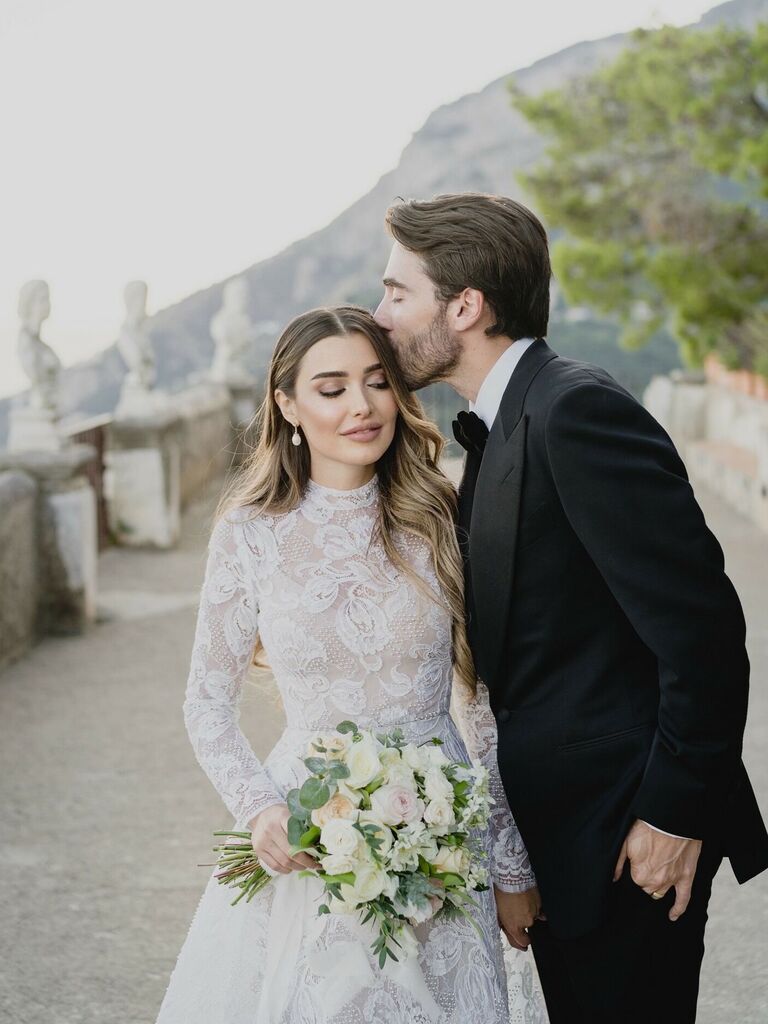 Bride wearing high neck wedding dress