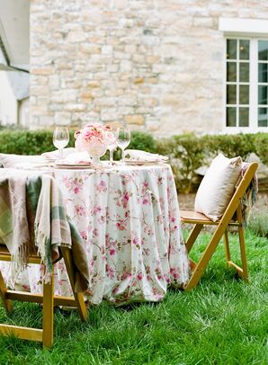 Pink Patterned Linen on Reception Table at Backyard Microwedding in Potomac, Maryland