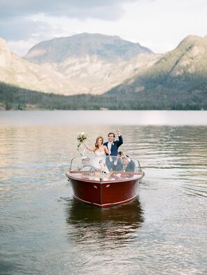 Bride and Groom Arriving Via Vintage Boat